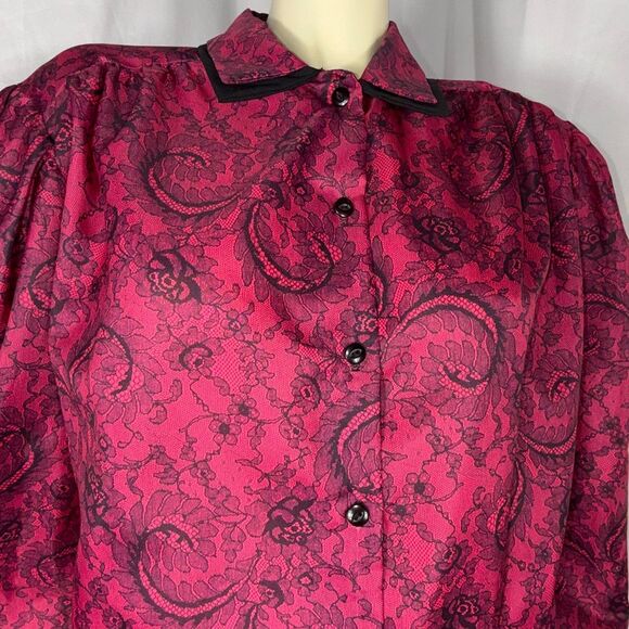 Vintage Lady Manhattan Plus Red Lace Print Blouse 22W / 42 | Puff Sleeve Button - Picture 8 of 14